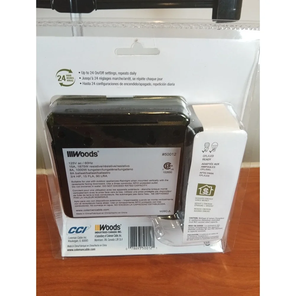 Woods 50012WD Outdoor 24 Hour Heavy Duty Mechanical Timer 2 Grounded Outlets NIB